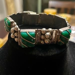 1940’s , Heavy weight, Mexican Sterling, Green onyx Panel bracelet